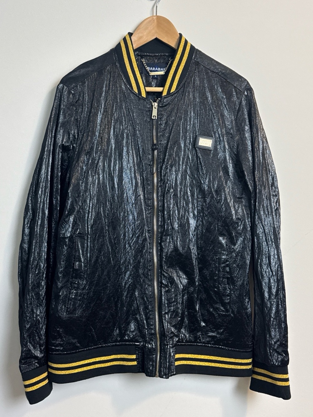 BARABAS Full Zip Bomber Jacket Lined Black Gold striped textured pockets logo